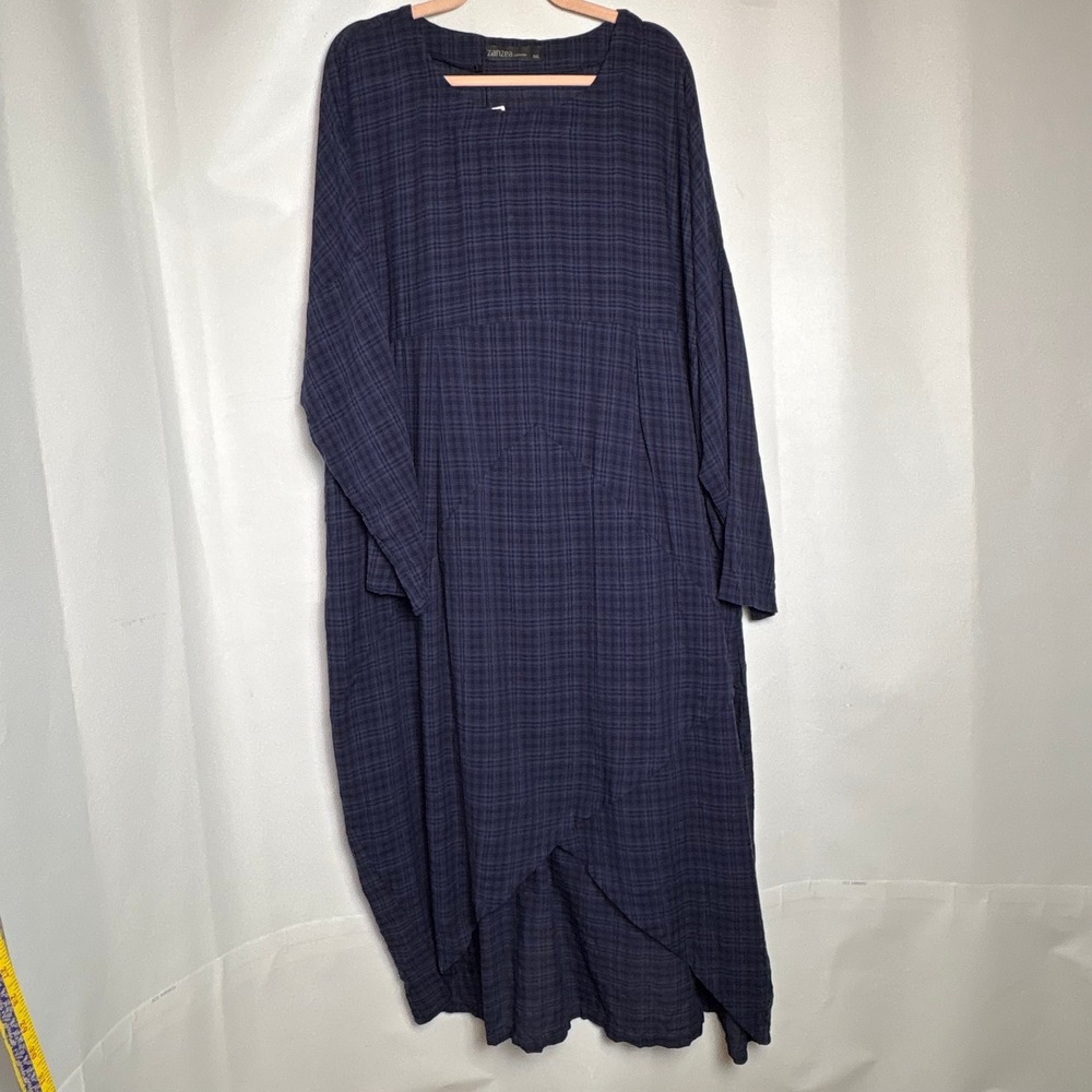 Zanzea Navy Blue Plaid Asymmetrical L/S Lagenlook Maxi Dress Plus Size 5XL